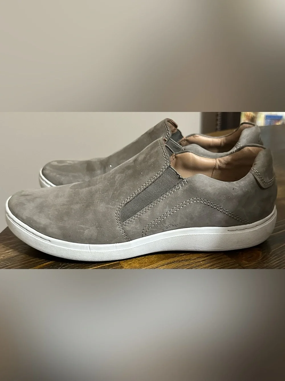 Clarks Men's Gray Suede Slip-On Sneakers with White Sole